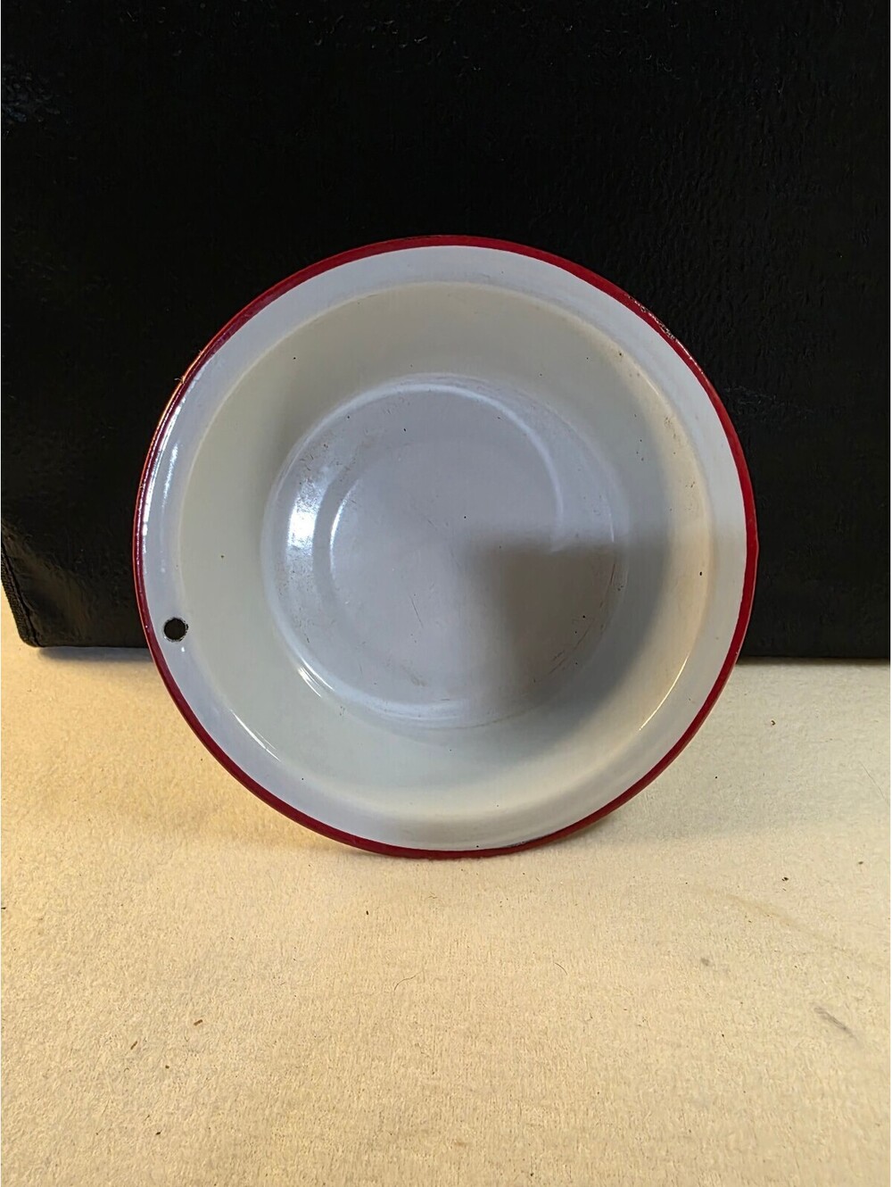 Vintage White Enamelware Bowl Red Rim 7 Inch Hanging Farmhouse Decor